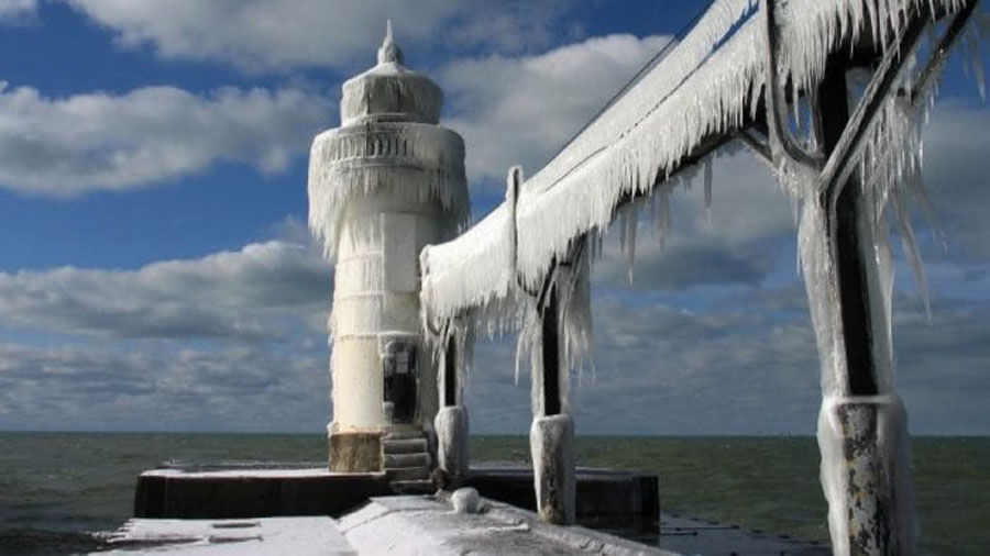 Lighthouse covered in ice.