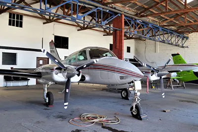 Small plane in an aircraft hangar