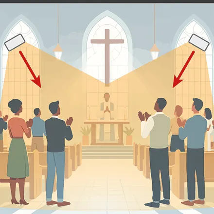 Illustration of effective infrared heating keeping people warm in a church