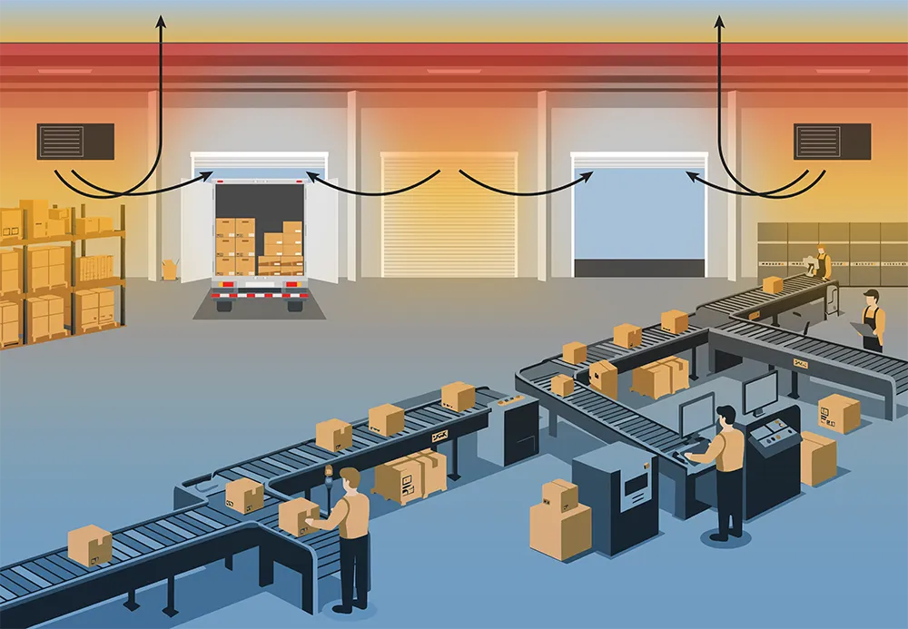Illustration showing large warehouse and workers and convection heating, with warm air rising to the ceiling and escaping through shutter doors.