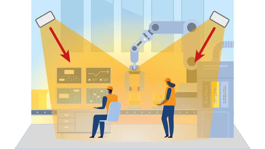 Illustration of infrared heater warming a specific area for workers